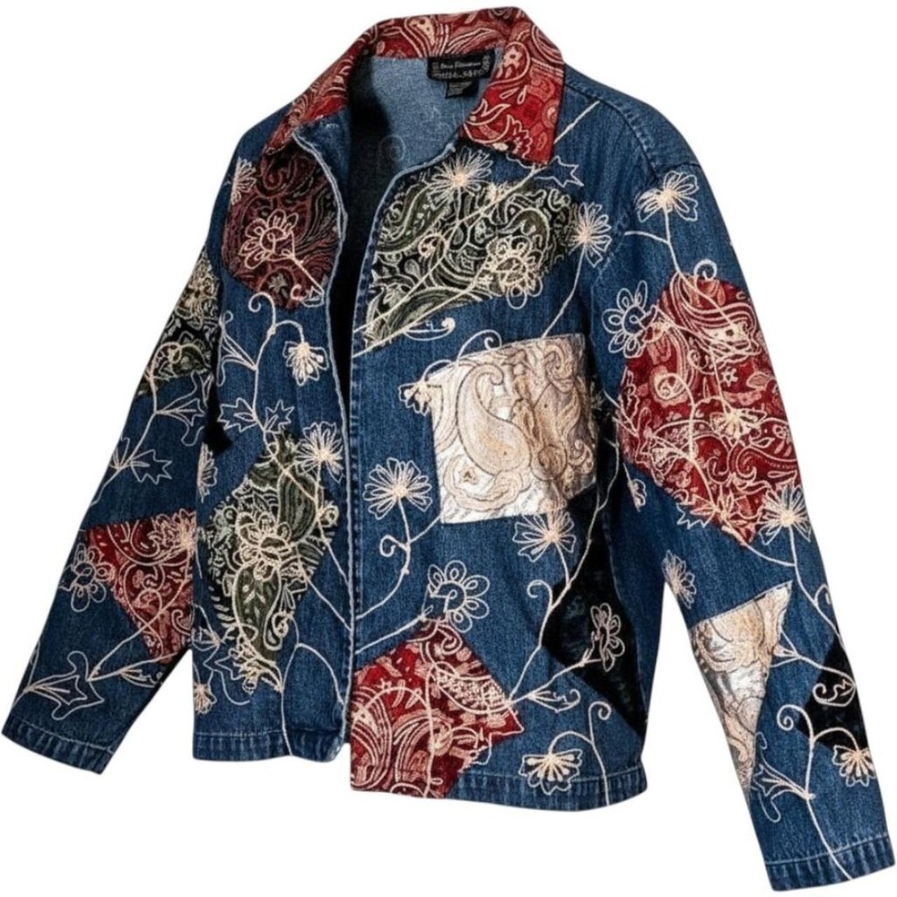 Vintage New Directions 90s Bohemian Denim Jacket XL Patchwork Statement Top